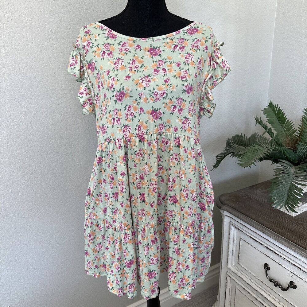 Culture Code‎ Light Green Floral Ruffle Accent Baby Doll Mini Dress Size Large